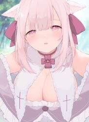 absurdres animal_ears bare_shoulders blush braid breasts cat_ears choker cleavage female fujiyama highres large_breasts looking_at_viewer original pink_eyes pink_hair solo