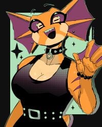 1girls amphibian anthro big_breasts black_tank_top breasts choker cleavage female female_only looking_at_viewer orange_body orange_skin reksukoy sharp_teeth solo_female studded_choker studded_collar tail tank_top waving waving_at_viewer waving_hand webbed_hands webbing