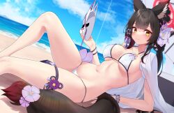 1girls absurdres allied_hyakkiyako_academy_student animal_ear_fluff animal_ears bangs beach beach_umbrella bikini black_hair blue_archive blunt_ends blush breasts cleavage colored_inner_hair day female flower fox_ears fox_girl fox_mask fox_tail hair_flower hair_ornament halo halterneck highres knee_up large_breasts light-skinned_female light_skin long_hair looking_at_viewer mask multicolored_hair narynn navel official_alternate_costume oil-paper_umbrella outdoors parasol ponytail red_hair seven_prisoners_(blue_archive) smile solo stomach strap_gap string_bikini swimsuit tail tail_ornament thigh_strap thighs two-tone_hair umbrella wakamo_(blue_archive) wakamo_(swimsuit)_(blue_archive) white_bikini yellow_eyes