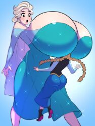 2girls anna_(frozen) artist_name ass_in_dress breast_smother breasts character_name cleavage copyright_name deztyle disney elsa_(frozen) female female_only frozen_(film) giantess huge_breasts larger_female multiple_girls sisters size_difference smaller_female smothering thick_thighs yuri