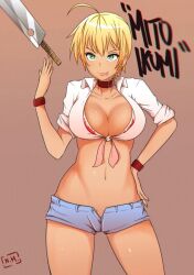 1girls blonde_hair dark-skinned_female fully_clothed large_breasts midriff mito_ikumi shokugeki_no_souma tan_body unzipped_pants