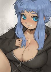 1girls aqua_eyes big_breasts blue_hair blush busty cleavage elyse_(sandcavern) hoodie original original_character sandcavern smile sweat unzipped