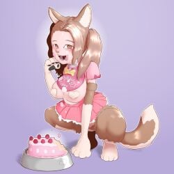 1girls animal_ears big_breasts birthday birthday_cake bowl cake clothing collar dog_bowl dog_ears dog_tail food food_on_breasts human_pet licking_lips long_gloves nimbletail nipple_bulge original original_character paw_gloves paws petplay purple_background simple_background skirt