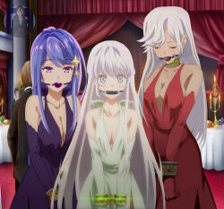 3girls ball_gag bit_gag bondage bossbb41 breasts captured collar cuffs dia_viekone_(ansatsu_kizoku) did dress esri_tuatha_de female femsub gag gagged humiliation maha_(ansatsu_kizoku) milf multiple_girls multiple_subs sekai_saikō_no_ansatsusha_isekai_kizoku_ni_tensei_suru the_worlds_finest_assassin_gets_reincarnated_in_another_world_as_an_aristocrat wrist_cuffs