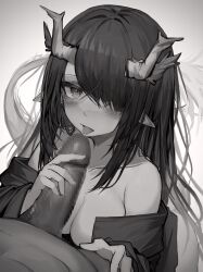 1boy absurdres arknights blush breasts censored cleavage dark-skinned_male dark_skin doctor_(arknights) dragon_girl dragon_horns dragon_tail dusk_(arknights) erection fellatio female grey_background greyscale hair_over_one_eye handjob highres horns jacket large_breasts licking licking_penis long_hair looking_at_viewer monochrome mosaic_censoring no_shirt off_shoulder open_clothes open_jacket open_mouth oral penis pointy_ears pov simple_background solo_focus straight tab_head