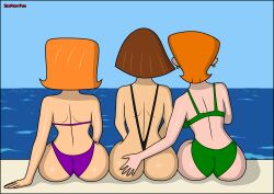 ass asses_row back_view bikini black_swimsuit boat brown_hair crossover danny_phantom debbie_turnbull debs_turnbull dexter's_laboratory dexter's_mom female_only green_bikini hand_on_ass hand_on_butt madeline_fenton milf red_hair robotboy sea seat sexfightfun sling_bikini sling_swimsuit swimsuit thick yuri