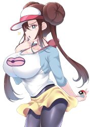 1girls 2022 blue_eyes breasts brown_eyes brown_hair clothed clothed_female female female_only fukunaga_yukito hi_res holding_object huge_breasts long_hair nintendo pokeball pokemon pokemon_bw2 rosa_(pokemon) short_skirt simple_background skirt slim_waist tights