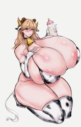 1girls b_(18649048) bikini blonde_hair breasts cleavage cow_girl cow_print cowbell gigantic_breasts huge_breasts kneeling last_origin looking_at_viewer milk_bottle solo thick_thighs white_background