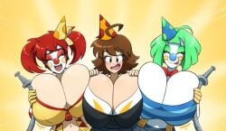 ahoge blush breast_expansion breast_press breasts brown_hair cleavage clown_girl green_hair hands_on_breasts hi_res kobi-tfs massive_breasts open_mouth party_hat red_hair rozy_(kobi) short_hair tongue_out twintails valerie_(kobi)