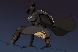 anus anus_peek artist_request big_breasts blush cloak clothing_damage female looking_at_viewer looking_back mask masked masked_female nightingale pussy skyrim the_elder_scrolls torn_clothes