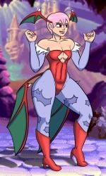 clothed clothing darkstalkers fanart flat_chest flat_chested fully_clothed legs leotard lilith_aensland no_sex pink_hair red_eyes self_upload succubus succubus_costume supermilkman thighs tight_clothing tongue_out