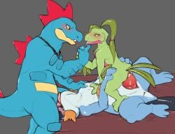 absurd_res anthro benji_(artist) blush bodily_fluids face_fucking feral feraligatr generation_2_pokemon generation_3_pokemon group grovyle hi_res irrumatio male male/male nintendo oral penile pokemon pokemon_(species) riding saliva sex size_difference swampert trio video_games