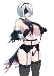 1girls alternate_breast_size big_breasts black_blindfold blindfold breasts female female_only garter_belt garter_straps hair huge_breasts lace lace-trimmed_panties lace-trimmed_thighhighs lips nier nier:_automata panties short_hair smile solo solo_female thick_thighs thighhighs thighs torahime white_hair yorha_2b