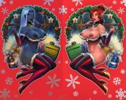 2girls areolae avalina big_breasts blood_elf blue_skin breasts busty christmas christmas_outfit cleavage elf elf_ears elf_female elf_girl female female_focus female_only hourglass_figure multiple_girls nipples pinup pinup_pose pointy_ears red_hair sitting tagme thyra tiddybandito warcraft white_background wide_hips world_of_warcraft zepht7