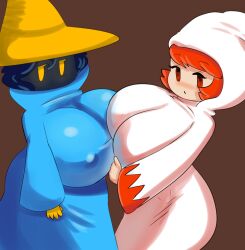 2021 2girls absurd_res big_breasts black_mage blue_hair breasts busty clothed clothing dizzytizzy female female_only final_fantasy hat hood huge_breasts mob_face multiple_girls obscured_face red_eyes red_hair robe simple_background white_mage witch_hat yellow_eyes