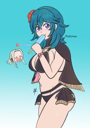 2girls alternate_costume bikini black_bikini blue_eyes blue_hair breasts byleth_(fire_emblem) byleth_(fire_emblem)_(female) byleth_(summer)_(fire_emblem)_(female) capelet cleavage drooling edelgard_von_hresvelg female female_only female_pervert fire_emblem fire_emblem:_three_houses fire_emblem_heroes food food_fetish food_play large_breasts looking_at_viewer multiple_girls nintendo official_alternate_costume pervert popsicle raydango saliva saliva_trail solo_focus suggestive swimsuit yuri