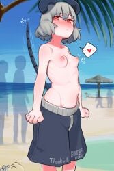 1girls absurdres alternate_costume animal_ears artist_name bangs beach bent_wrist blue_shorts blue_sky blush breasts clenched_hand commentary_request cowboy_shot day exhibitionism female grey_hair heart highres horizon male_swimwear_challenge mouse_ears mouse_girl mouse_tail multiple_others navel nazrin nipples nose_blush ocean outdoors palm_tree public_indecency public_nudity red_eyes short_hair shorts sky small_breasts spoken_heart sukebepicture tail touhou tree water