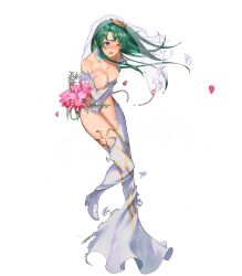 1girls alternate_costume bridal_bouquet bridal_gloves bridal_veil bride cecilia_(bridal)_(fire_emblem) cecilia_(fire_emblem) defeated edit edited_official_artwork embarrassed female female_only fire_emblem fire_emblem:_the_binding_blade fire_emblem_heroes green_eyes green_hair half_naked injured naked_footwear nude_edit nude_filter official_alternate_costume pale-skinned_female pale_skin shame solo timidbirb torn_clothes wedding_dress