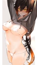 1girls alternate_costume areola_slip arms_up bangs bikini black_hair blush breasts brown_hair closed_mouth cropped_hoodie cropped_legs female female_only genderswap_(mtf) genshin_impact gradient_hair grey_hoodie hair_between_eyes highres hood hoodie long_hair looking_at_viewer medium_breasts multicolored_hair orange_hair rule_63 shikke_gnsn side-tie_bikini simple_background solo swimsuit very_long_hair white_bikini yellow_eyes zhongli_(genshin_impact)