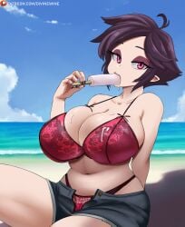 barely_contained beach bursting_breasts busty cleavage curvaceous curvy curvy_female dark_hair divine_wine elf_ears eyeshadow las_demoniacas_desventuras_de_vampiranhya massive_breasts overflowing_breasts plump_breasts pointy_ears popsicle popsicle_melting red_eyes red_underwear short_hair shorts tagme thick thick_thighs unbuttoned_shorts vampiranhya vampiranhya_(artist) voluptuous wet_breasts