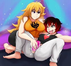 2girls barefoot clothed dildo female female_only fully_clothed incest multiple_girls pajamas ruby_rose rwby sex_toy sisters yang_xiao_long yuri