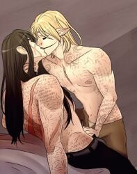 2boys black_eyes black_hair black_sclera blonde_hair calamidade clothed dante_(ordem_paranormal) desconjuração digital_media_(artwork) elf_ears gal_(ordem_paranormal) gay hand_on_panties hand_on_penis highres kissing long_hair lyon_wips male male/male male_only ordem_paranormal pointy_ears scar scar_on_chest scar_on_face scars tagme tattoo yaoi