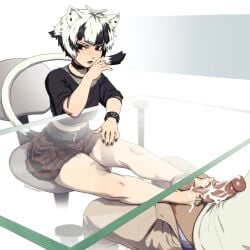 1boy 1girls balls barefoot black_toenails catgirl clothed_sex cum cum_on_feet footjob glass_table goth open_pants original original_character penis sandcavern sex short_hair sitting skirt table transparent transparent_table under_the_table