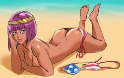 1girls american_flag_bikini ass beach bikini bob_cut breasts dark-skinned_female dark_skin egyptian eyeshadow lipstick lying_on_stomach menat mostly_nude purple_hair street_fighter street_fighter_v sunbeam_(artist) topless