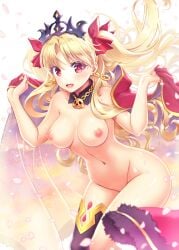 blonde_hair breasts cape comiket crown earrings ereshkigal_(fate) fate/grand_order fate_(series) female jewelry long_hair looking_at_viewer medium_breasts nipples nude pink_ribbon red_eyes ribbon smile twintails uran_(uran-factory) very_long_hair