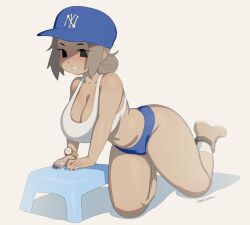 baseball_cap big_breasts bra breasts cleavage female huge_breasts original original_character sandcavern shorts tank_top thick_thighs tomboy wide_hips