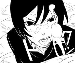 after_deepthroat after_oral angry angry_facial black_and_white black_eyes black_hair cum cum_on_face eye_contact facial kurotsuchi naruto nier_(artist) oral otsutsuki_momoshiki partial_male pov questionable_consent short_hair tongue_out