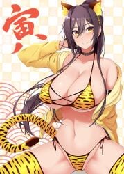 1girls 2022 2d animal_ears animal_print bangs bare_shoulders bikini black_hair blush breasts chinese_zodiac cleavage collarbone female female_only hair_between_eyes high_ponytail highres idolmaster idolmaster_shiny_colors large_breasts light-skinned_female light_skin long_hair looking_at_viewer moo_yoshio navel pale-skinned_female pale_skin ponytail shirase_sakuya smile solo swimsuit tail thighhighs thighs tiger_print tiger_stripes year_of_the_tiger yellow_eyes