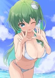 1girls ;o bangs bikini blue_sky breasts cleavage cloud cowboy_shot frog_hair_ornament green_eyes green_hair groin hair_ornament hair_tubes horizon large_breasts leaning_forward long_hair looking_at_viewer navel ocean one_eye_closed open_mouth outdoors ramudia_(lamyun) sanae_kochiya sky snake_hair_ornament solo standing swimsuit tagme touhou white_bikini