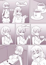 2girls breasts comic comic_page dialogue english english_dialogue english_text female female_only huge_breasts inksgirls monochrome original original_character page_2 short_hair shrinking shrunk shrunken_woman yuri