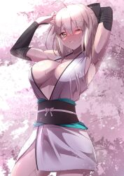 ;) ahoge arm_guards armpits arms_up blush breasts cherry_blossom cowboy_shot fate/grand_order fate_(series) female female_only female_solo hair_between_eyes high_resolution kawaruhi kimono light_brown_eyes looking_at_viewer medium_breasts obi okita_souji_(fate) okita_souji_(fate)_(all) one_eye_closed open_mouth parted_lips robe sash short_kimono silver_hair sleeveless sleeveless_kimono smile solo sweat wafuku white_hair white_kimono wink