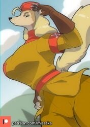 2022 anthro big_breasts breasts canid canine canis clothed clothing cuphead_(game) domestic_dog female fur furry furry_only gesture hi_res hunting_dog looking_at_viewer mammal missaka multicolored_body multicolored_fur pilot_saluki_(cuphead) saluki salute sighthound solo tail tan_body tan_fur two_tone_body two_tone_fur video_games