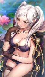 1girls alternate_costume bikini black_coat breasts brown_eyes brown_gloves cleavage cloak closed_mouth coat collarbone commentary elbow_rest female female_only fire_emblem fire_emblem_awakening fire_emblem_heroes from_above gloves gonzarez highres hood hooded_cloak jewelry lily_pad long_hair looking_ahead medium_breasts navel nintendo o-ring o-ring_bikini official_alternate_costume pendant purple_bikini purple_swimsuit robin_(female)_(summer)_(fire_emblem) robin_(fire_emblem) robin_(fire_emblem)_(female) sidelocks sitting solo swimsuit thigh_strap twintails water wet white_hair