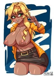 blonde_hair breasts_out clothed glasses green_eyes large_breasts peakedcomedy rui_yamase simple_background tan_skin topless v_sign wide_hips