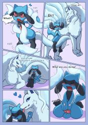 absurd_res alolan_form alolan_ninetales anthro blue_body blue_fur comic dialogue duo female feral fur hi_res knot male male/female mohurin ninetales nintendo pokémon_(species) pokemon regional_form_(pokémon) riolu size_difference