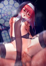 breasts church cowgirl_position garter_belt garter_straps heart heart-shaped_pupils highres kuromiya_(def_lp) nipple_tweak nun red_eyes red_hair shakugan_no_shana shana small_breasts straddling symbol-shaped_pupils trembling