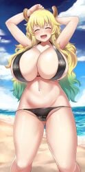 1girls 2022 absurd_res armpits arms_behind_head arms_up barely_contained beach big_breasts bikini black_bikini blonde_hair breasts dragon_girl dragon_horns green_hair hips horns huge_breasts humanoid light-skinned_female light_skin maki_ikazuya makiikazuya massive_breasts micro_bikini miss_kobayashi's_dragon_maid outdoors quetzalcoatl_(dragon_maid) slim_waist smile thick_thighs thighs two_tone_hair voluptuous wide_hips