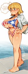1girls american_flag_bikini ashley_graham ashley_graham_(brooke_elizabeth_mathieson) big_breasts blonde_hair blush breasts capcom female female_only green_eyes hands_on_hips huge_breasts human neckwear pale_skin pool resident_evil resident_evil_4 solo standing sweat swimsuit swimwear tagme wamudraws