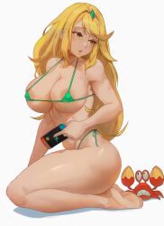 1girls 2022 areolae bangs barefoot bikini blonde_hair breasts cutesexyrobutts_(style) feet female gold_eyes green_bikini hair_ornament hi_res hips holding_object huge_breasts large_areolae lesottart light_blush long_hair micro_bikini mythra nintendo nintendo_switch nipples simple_background slim_waist soles swept_bangs thick_thighs thighs tiara white_background wide_hips xenoblade_(series) xenoblade_chronicles_2