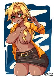 alternate_breast_size blonde_hair breasts_out clothed glasses green_eyes medium_breasts peakedcomedy rui_yamase simple_background tan_skin topless v_sign wide_hips