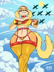 1girls airplane anthro anthro_only big_breasts blue_sky bra breasts canid canine canis cleavage cloud clouds collar cuphead_(game) dominatrix eyelashes eyeliner female female_focus female_only femdom furry furry_only garter_belt garter_straps handwear leather legwear lingerie looking_at_viewer looking_down makeup moko_(artist) neckwear panties pilot_saluki_(cuphead) riding_crop stockings wide_hips