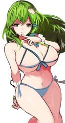 1girls alternate_costume bikini breasts cleavage green_eyes green_hair large_breasts long_hair navel sanae_kochiya simple_background single_sidelock solo swimsuit tagme tarbo_(exxxpiation) touhou white_background