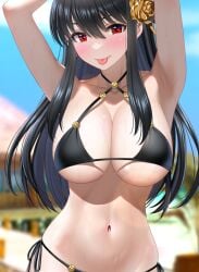 1girls 2022 :p alternate_version_available armpits arms_up assassin bangs beach big_breasts bikini black_bikini black_hair blurry blurry_background blush breasts choker cleavage consome2021 contrapposto cowboy_shot criss-cross_halter day depth_of_field eyebrows_behind_hair female female_focus female_human female_only hair_between_eyes hair_ornament halterneck houriigurei human large_breasts light-skinned_female long_hair looking_at_viewer mature_female navel o-ring outdoors pale-skinned_female red_eyes side-tie_bikini slim_waist solo solo_female spy_x_family stomach string_bikini swimsuit thorn_princess tongue tongue_out wide_hips yor_briar yor_forger