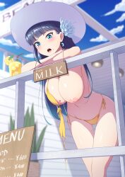 areola_slip ass_visible_through_thighs bangs bikini black_hair blue_eyes blunt_bangs blush breasts cleavage drink english_text female flower hair_flower hair_ornament halter_top halterneck hanging_breasts hat heart highres inverted_nipples large_breasts leaning_forward leaning_on_rail long_hair looking_at_viewer menu_board mole mole_on_breast mole_under_mouth navel one_breast_out open_mouth original outdoors sakamata_(sakamata4) side-tie_bikini sign sky solo string_bikini sun_hat surprised swimsuit thigh_gap wardrobe_malfunction yellow_bikini