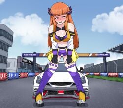 1girls arknights bagpipe_(arknights) bagpipe_(queen_no._1)_(arknights) breasts car cleavage clothing female female_only giantess growth inksgirls kaiju long_hair macro_female micro_on_macro orange_hair race_car solo solo_female thick_thighs