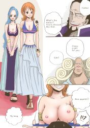 2boys 2girls age_difference bare_midriff big_breasts blue_hair breasts cleavage english_text female female_focus flashing_breasts harem_outfit huge_breasts igaram long_hair long_skirt male nami nefertari_cobra nefertari_vivi nipples one_piece orange_hair pix_tobira_(artist) pre-timeskip showing_breasts skirt text wristwatch